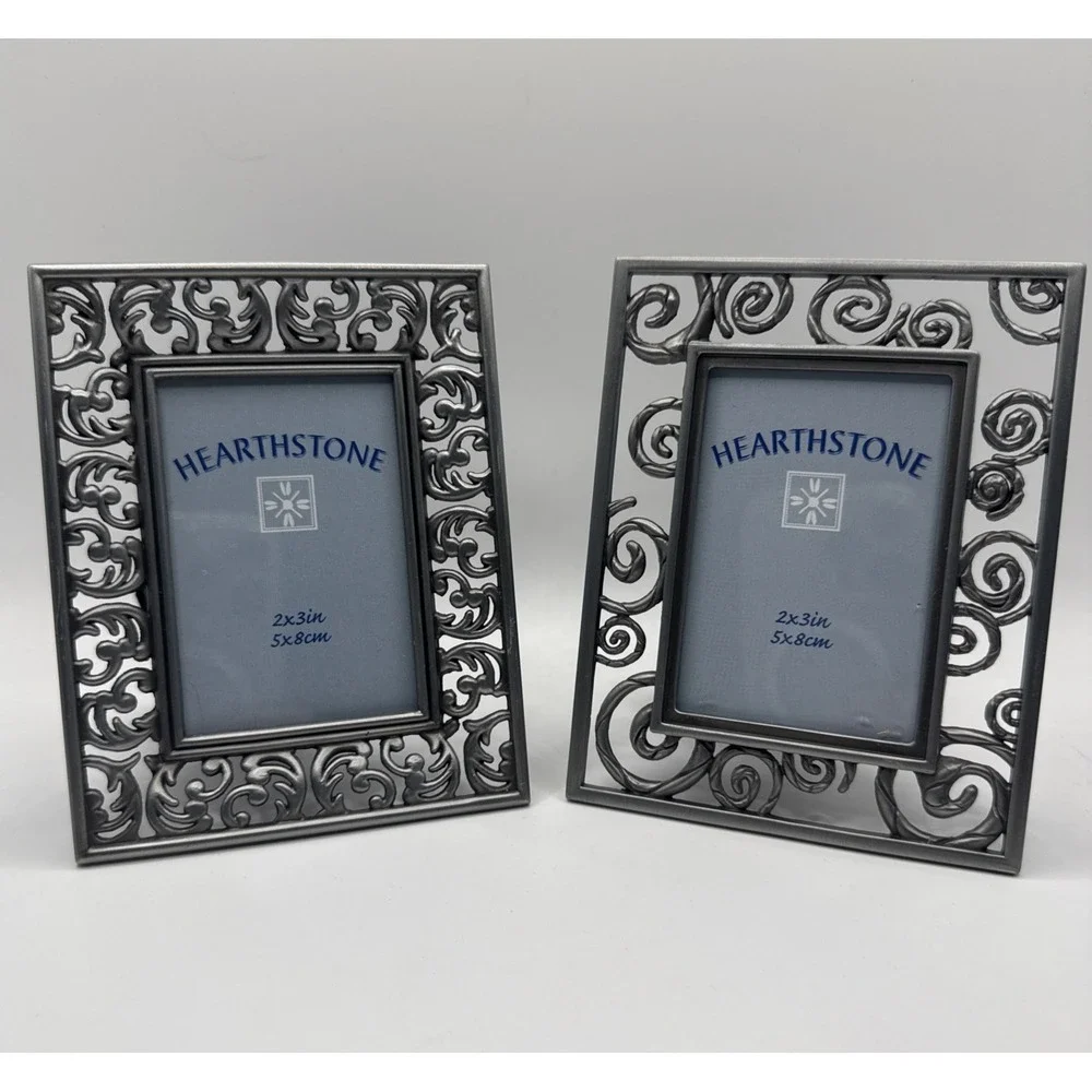 Hearthstone Metal Picture Frame Lot 2 Scrollwork Silver Tone 2x3 Photo Frames